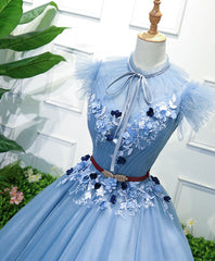 Blue High Neck Tulle Blue Long Prom Dress, Blue Evening Dress