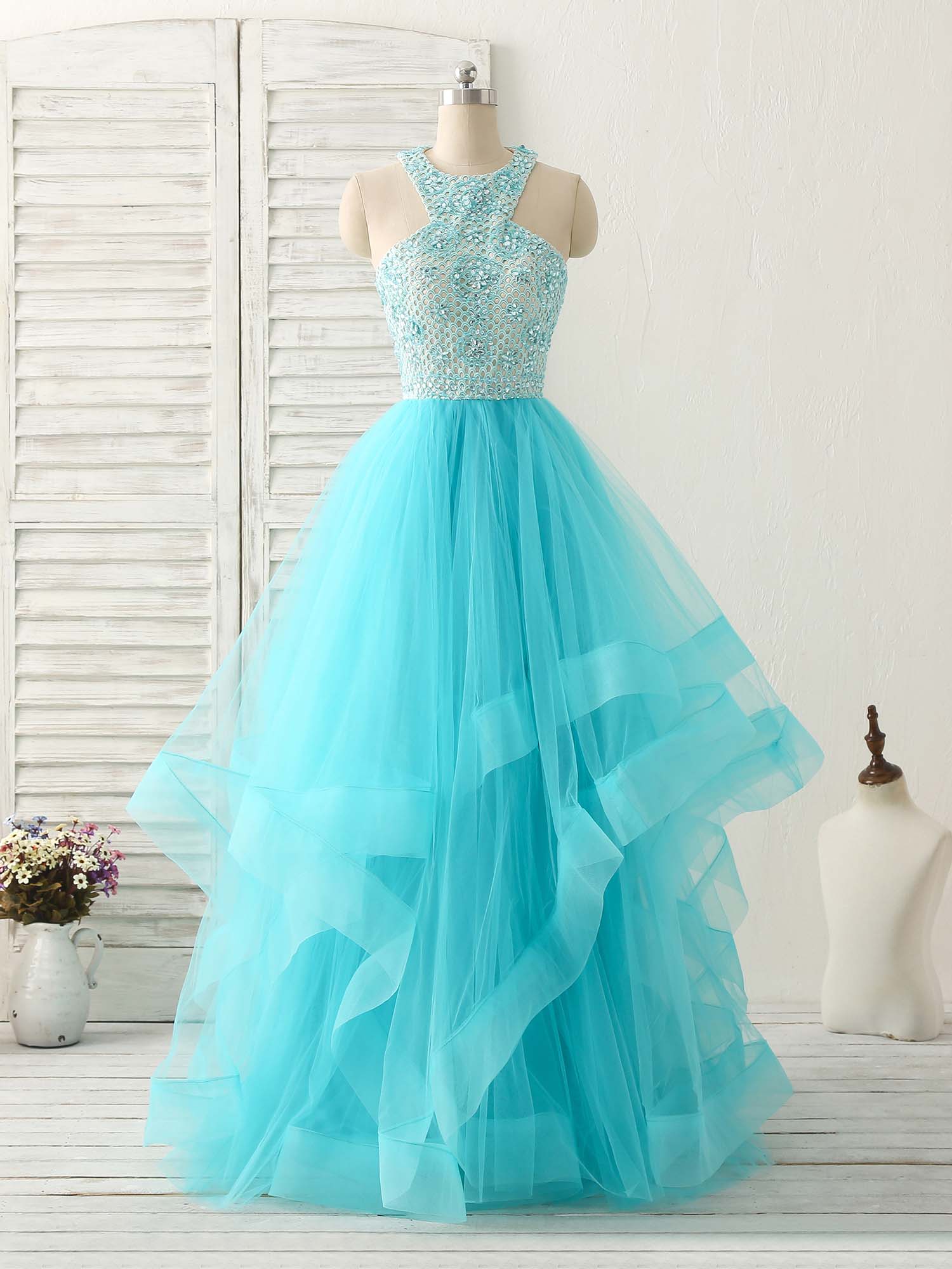 Blue High Neck Tulle Long Prom Dress Blue Evening Dress