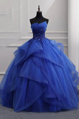 Blue Lace Strapless Ball Gown Formal Dress, Blue Long Sweet 16 Dress