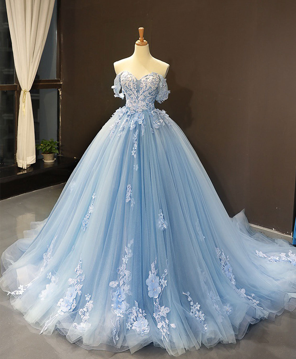 Blue Off Shoulder Tulle Lace Long Prom Dress, Blue Formal Ball Gown Evening Dress