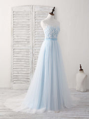 Blue Round Neck Tulle Lace Applique Long Prom Dresses