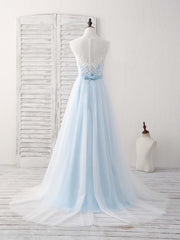 Blue Round Neck Tulle Lace Applique Long Prom Dresses