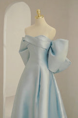 Blue Satin Long Prom Dress with Big Bow, Blue A-Line Evening Party Dress