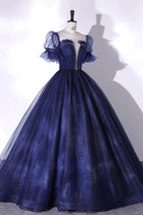 Blue Scoop Neckline Tulle Long Prom Dress, A-Line Short Sleeve Evening Gown