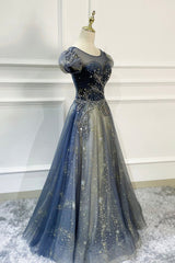 Blue Scoop Neckline Tulle Long Prom Dress with Beaded, A-Line Evening Party Dress