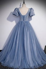 Blue Scoop Tulle Long Prom Dress, A-Line Short Sleeve Formal Dress