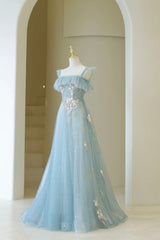 Blue Spaghetti Strap Lace Long Prom Dress, Cute A-Line Graduation Dress