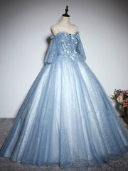 Blue Sweetheart Neck Tulle Lace Long Prom Dress, Blue Evening Dress