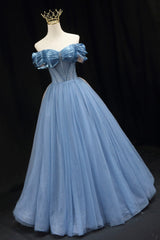 Blue Sweetheart Tulle Long Formal Dress, Off the Shoulder Evening Graduation Dress