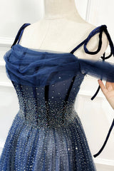 Blue Tulle Beaded Long A-Line Prom Dress, Blue Spaghetti Straps Evening Dress