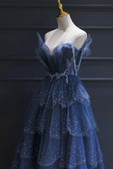 Blue Tulle Beaded Long Senior Prom Dress, A-Line Strapless Evening Party Dress