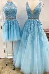 Blue tulle lace A line prom dress blue lace tulle formal dress