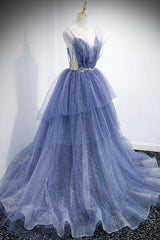 Blue Tulle Layers Long Prom Dress, A-Line Spaghetti Strap Party Dress