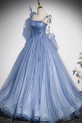 Blue Tulle Long A-Line Prom Dress, Blue Spaghetti Straps Party Dress with Bow