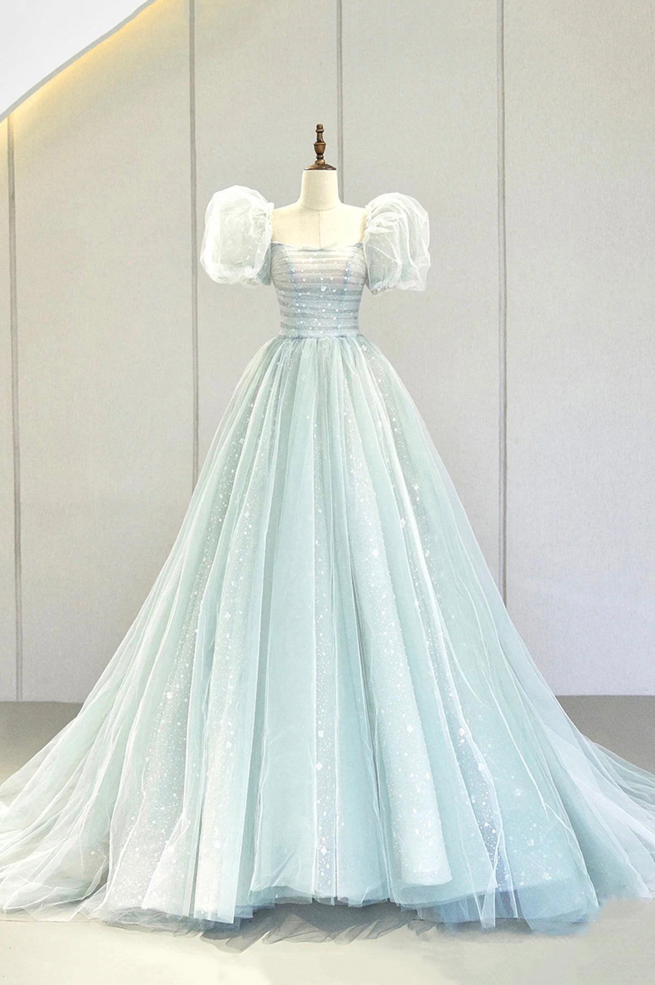 Blue Tulle Long A-Line Prom Dress with Sequins, Lovely Puff Sleeve Evening Gown