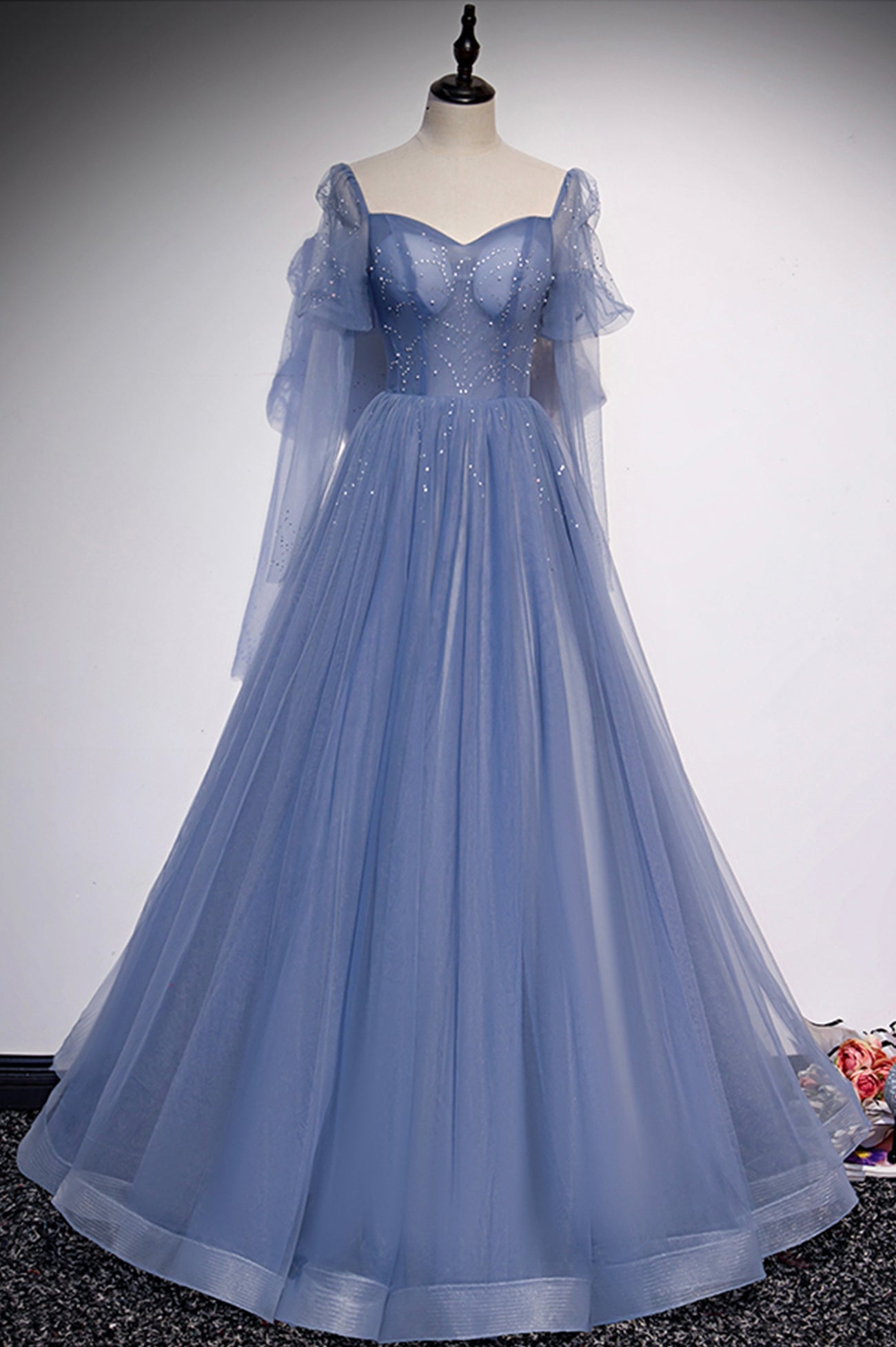 Blue Tulle Long Sleeve Prom Dress, A-Line Blue Evening Party Dress