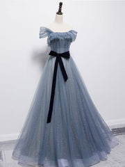 Blue Tulle Off Shoulder Sequin Long Prom Dress Blue Evening Dress