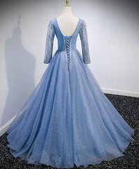 Blue V Neck Tulle Lace Long Prom Dress, Blue Evening Dress with Sequin Beading