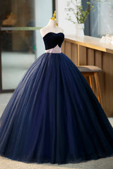 Blue Velvet Tulle Long Prom Dresses, Blue Evening Party Dresses