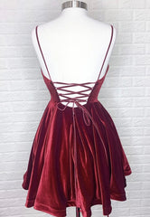 Burgundy V-Neck Velvet Short Prom Dresses, A-Line Party Dresses