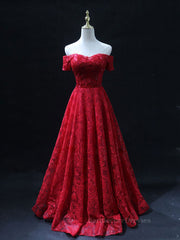 Burgundy A line lace tulle beads long prom dress, burgundy bridesmaid dress