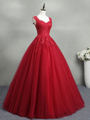 Burgundy A-Line Tulle Lace Long Prom Dress, Burgundy Formal Evening Dress