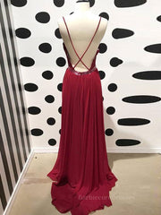 Burgundy A Line V Neck Backless Lace Tulle Long Prom Dresses, Burgundy Lace Formal Dresses, Burgundy Evening Dresses