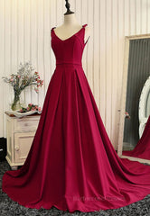 Burgundy A Line V Neck Sweep Train Open Back Satin Long Prom Dress, V Neck Burgundy Formal Dress, Backless Evening Dress