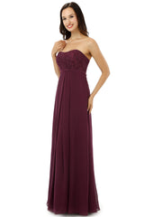 Burgundy Chiffon Lace Sweetheart High Waist Bridesmaid Dresses