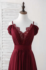 Burgundy Lace Chiffon Long Prom Dress Burgundy Bridesmaid Dress