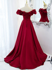 Burgundy Off Shoulder Satin Long Prom Dress, Burgundy Formal Evening Dress