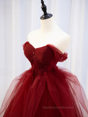 Burgundy off shoulder tulle lace long prom dress burgundy formal dress