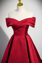 Burgundy Satin Long Prom Dress, Off Shoulder Evening Party Dress