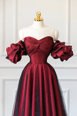 Burgundy Satin Tulle Long Prom Dress, Off Shoulder Evening Party Dress