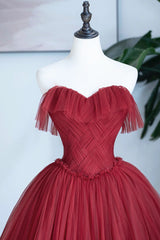 Burgundy Strapless Tulle Long Formal Dress, Sweetheart Neckline Evening Dress