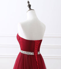 Burgundy Sweet Neck Tulle Long Prom Gown, Burgundy Evening Dress