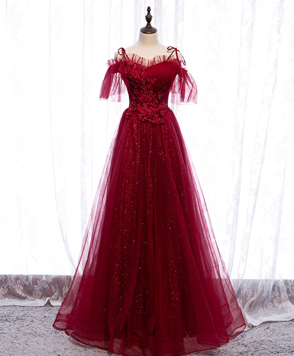 Burgundy Sweetheart Tulle Lace Long Prom Dress Burgundy Formal Dress