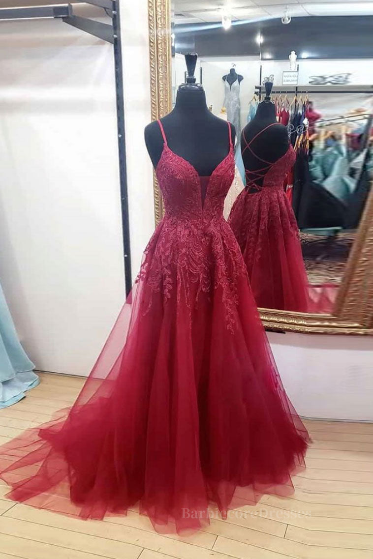 Burgundy sweetheart tulle lace long prom dress formal dress