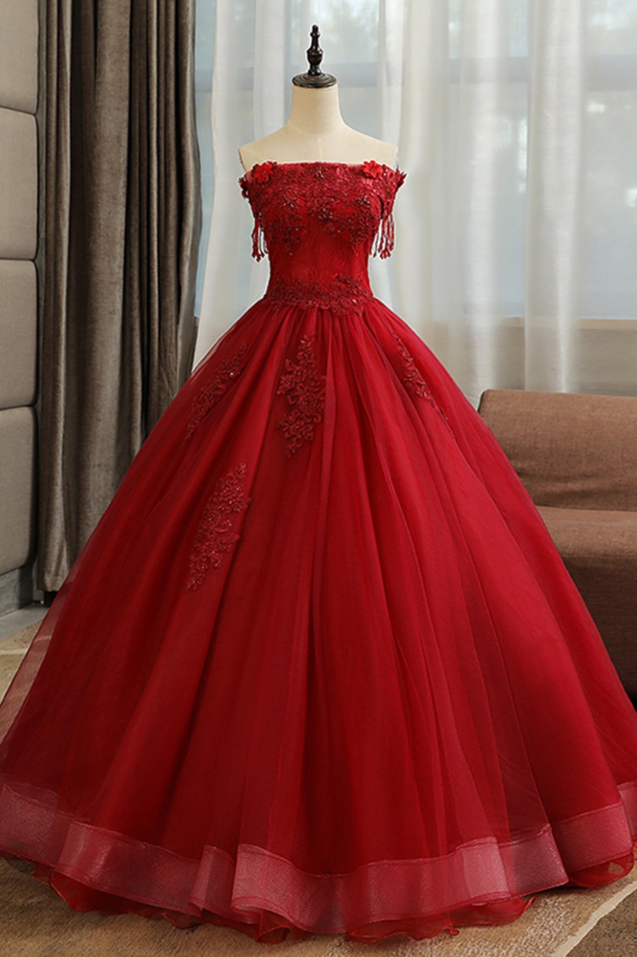 Burgundy Tulle Lace Long Prom Dress, Burgundy A-Line Evening Gown