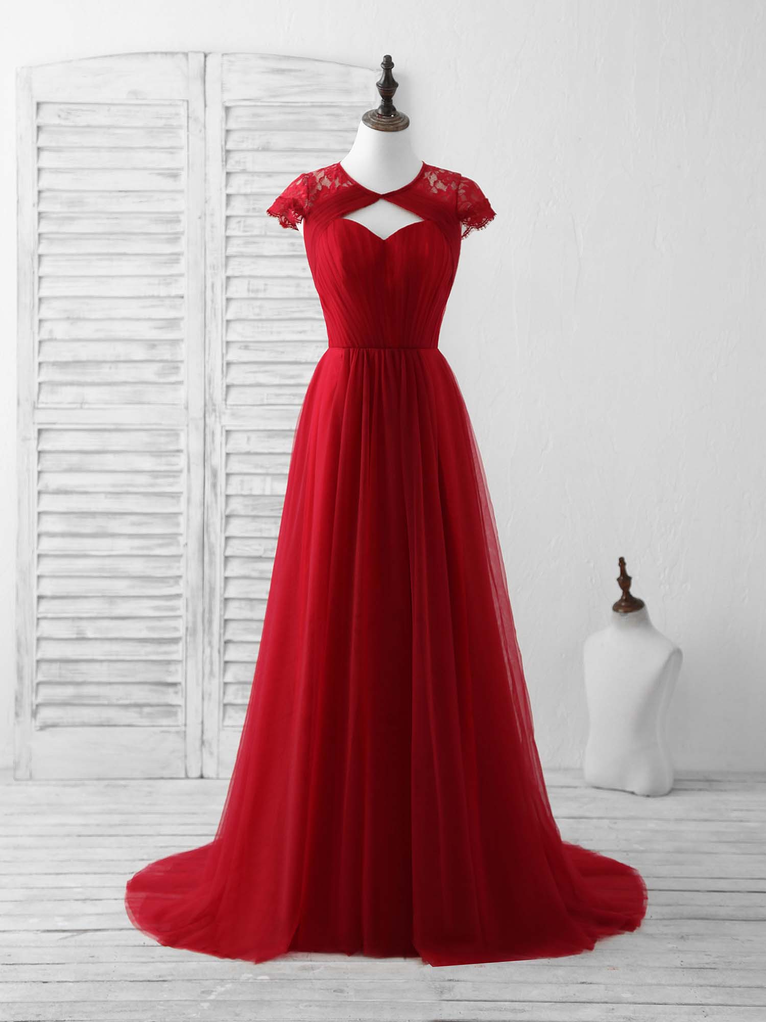 Burgundy Tulle Lace Long Prom Dress Burgundy Evening Dress