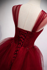 Burgundy Tulle Long A-Line Evening Dress, Off the Shoulder Formal Party Dress