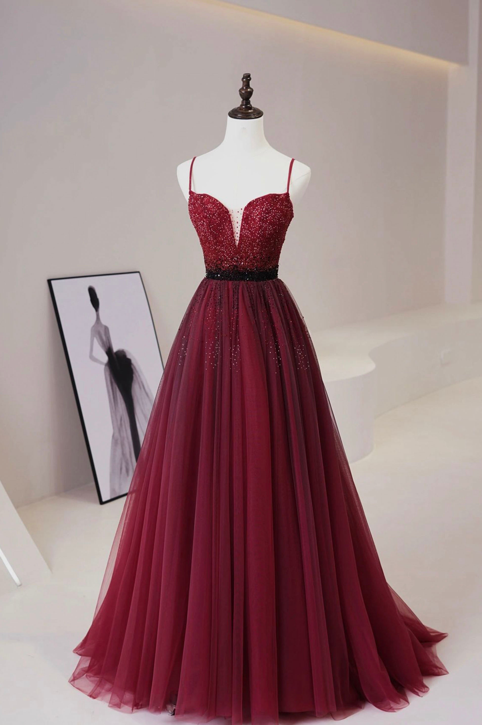 Burgundy Tulle Long Prom Dress with Beaded, Spaghetti Straps Evening Dress