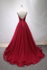 Burgundy V-Neck Tulle Long Prom Dress, A-Line Backless Evening Party Dress