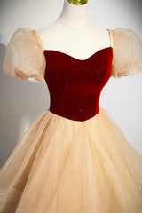 Burgundy Velvet Glitter Cascading Ruffles Prom Dress, Champagne Tulle Floor Length Evening Dress