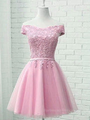 Cap Sleeves Short Pink Lace Prom Dresses, Short Pink Lace Formal Bridesmaid Dresses