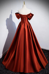 Caramel Floor Length Satin Formal Dress, Cute Off Shoulder A-line Evening Dress