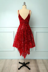 Burgundy V Neck Lace High Low Prom Dress, Lace Formal Dress