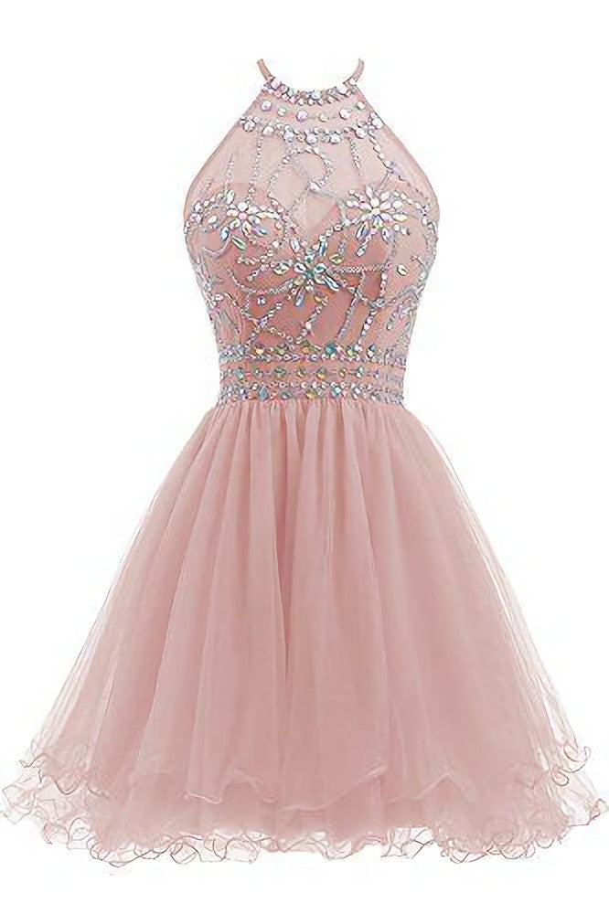 Beaded Halter Homecoming Dress, Short Tulle Dress