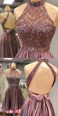 Halter Beaded Open Back Short Homecoming Dress 2024 Custom Made