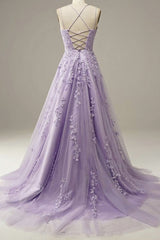 Purple Lace Long A Line Prom Dress, Evening Dress